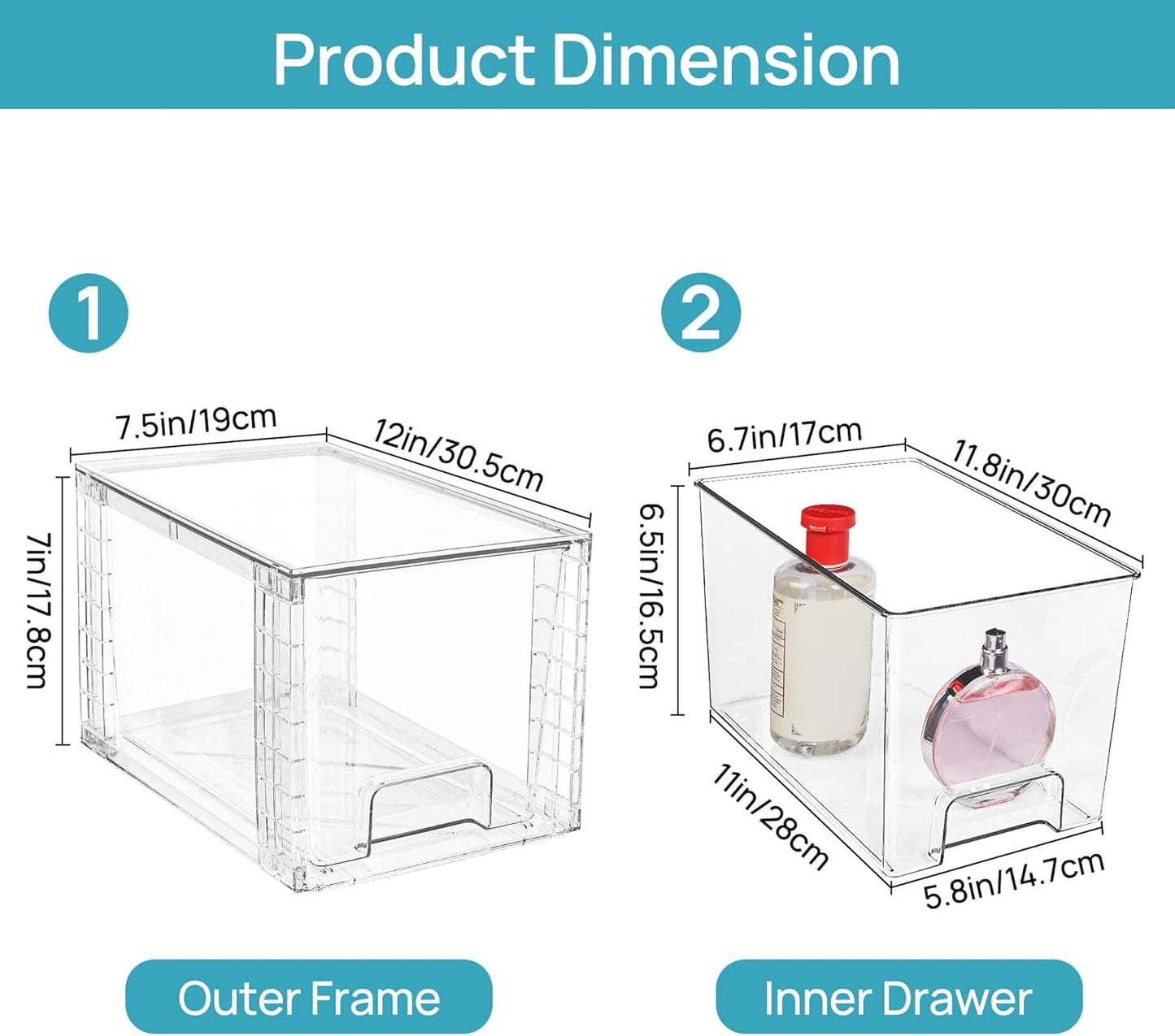 Vtopmart 2 Pack Large Stackable Storage Drawers,Clear Acrylic Drawer Organizers with Handles, Easily Assemble for Bathroom,Kitchen Undersink,Cabinet,Closet,Makeup,Pantry organization and Storage