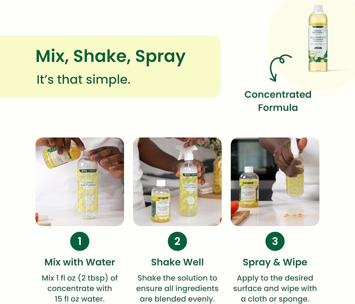 Good Natured Brand All-Purpose Cleaner Concentrate | Multi-Surface Cleaner | Natural Lemon Essential Oil | Multipurpose Cleaner Concentrate All Surfaces | Lemon Love | 16oz makes 256oz