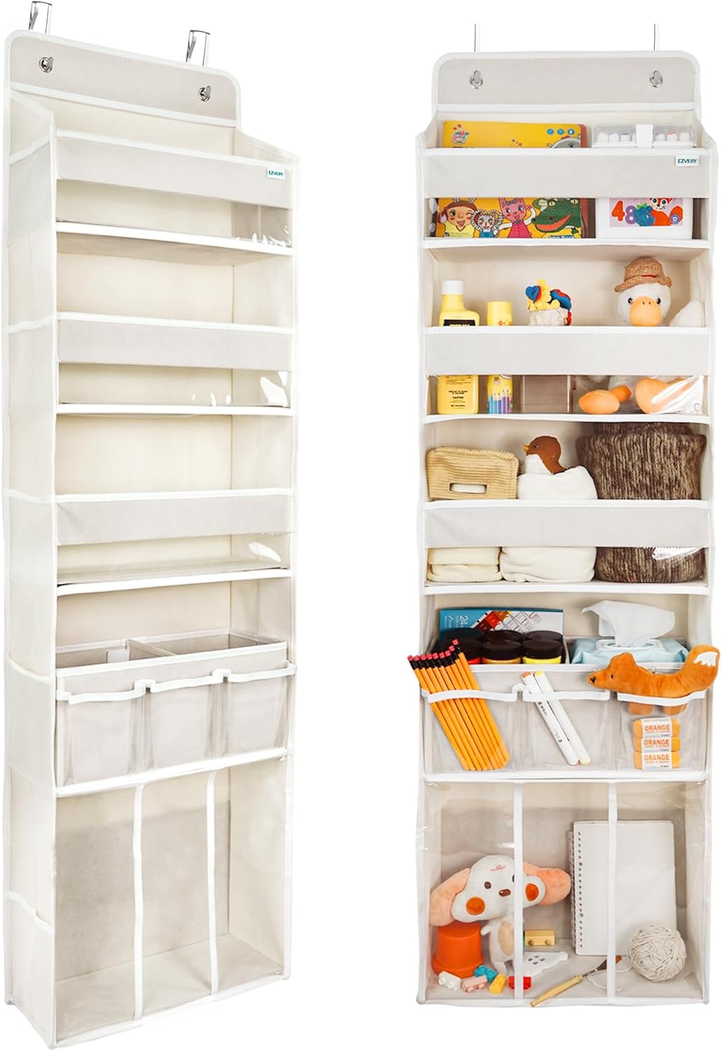 Door Hanging Storage Organizer,with 3 Bins 1 Movable Baby Diaper Caddy,1 Large capacity diaper stacking storage Organizer,10 Side Pockets ,Bedroom Door Storage for Nursery Baby Essentials. (Beige)