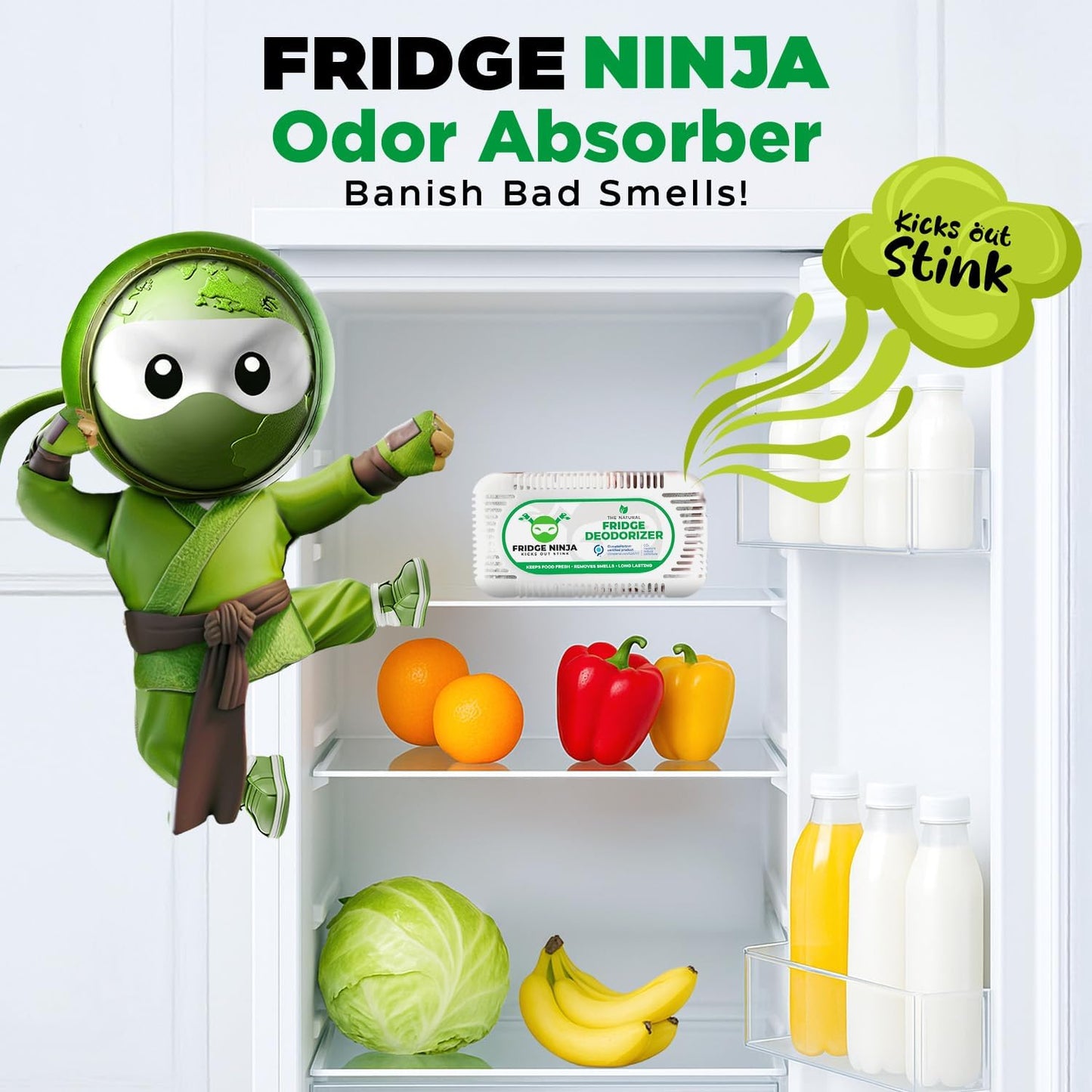 Fridge Ninja Fridge Deodorizer (4 Pack) - More Effective Than Baking Soda - Natural and Unscented Activated Charcoal Refrigerator Deodorizer and Odor Eliminator for Freezers, Coolers, and Lunch Boxes