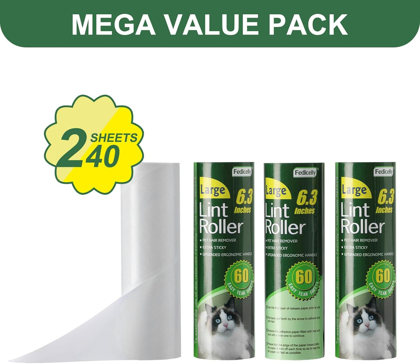 Fedicelly Large Lint Rollers Pet Hair Extra Sticky Refills,Mega Value Set 6.3 inches Wider with 320 Sheets for Cat and Dog Hair Removal,80 Sheets Per Roller (Pack of 4)