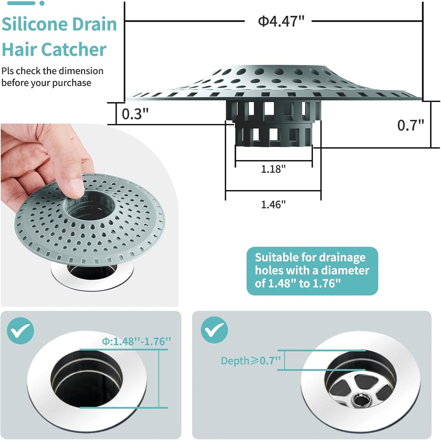 Shower Hair Drain Catcher, Silicone Bathtub Drain Hair Catcher Strainer, All-in-one Tub Hair Catcher Drain Protector for 1.48'' to 1.76'' Regular Drains, 3PCS/Greyish Blue
