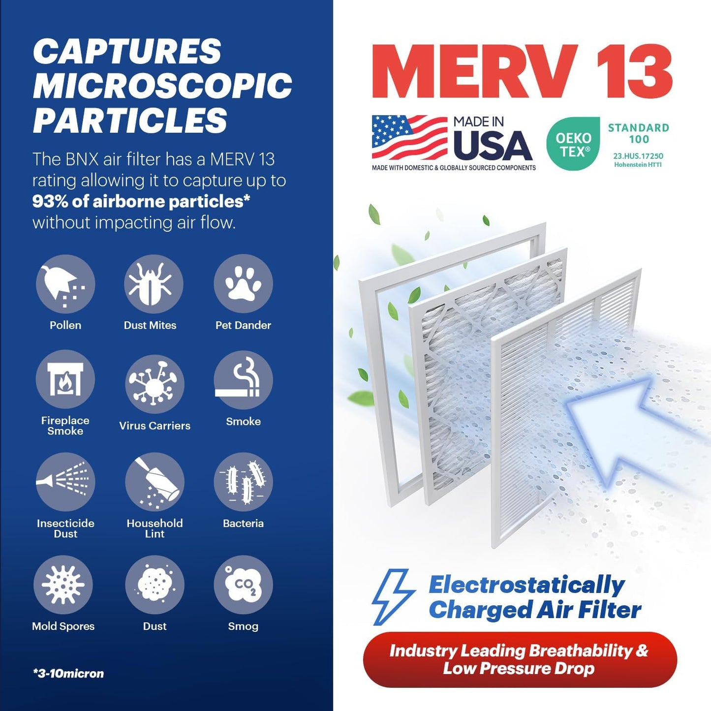BNX TruFilter 14x18x1 Air Filter MERV 13 (6-Pack) - MADE IN USA - Electrostatic Pleated Air Conditioner HVAC AC Furnace Filters for Allergies, Pollen, Mold, Bacteria, Smoke, Allergen, MPR 1900 FPR 10