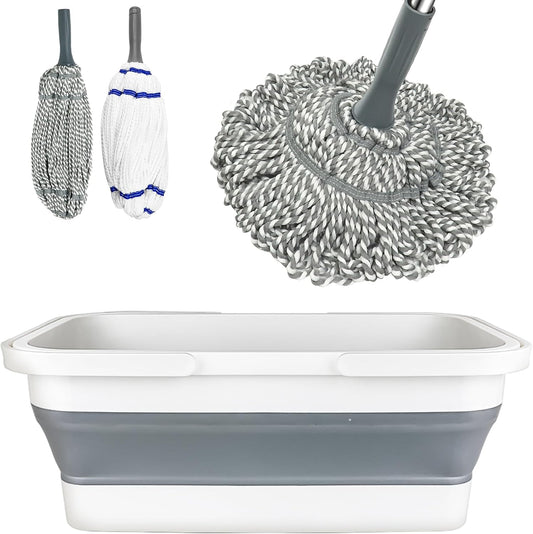 Self Wringing Mop with Bucket- Easy Squeeze Twist Mop with 52.5 Inch Long Handle, Heavy Duty for Hardwood, Tile, Vinyl & Laminate Floors (Gray+White)