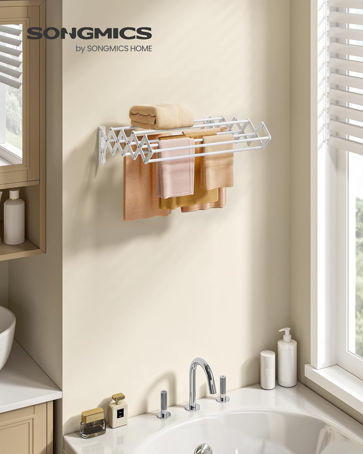 SONGMICS Clothes Drying Rack, Wall-Mounted Drying Rack Clothing, Small Accordion Laundry Rack, 9 Staggered Hanging Rods, Expandable and Retractable, Cloud White ULLR802W01