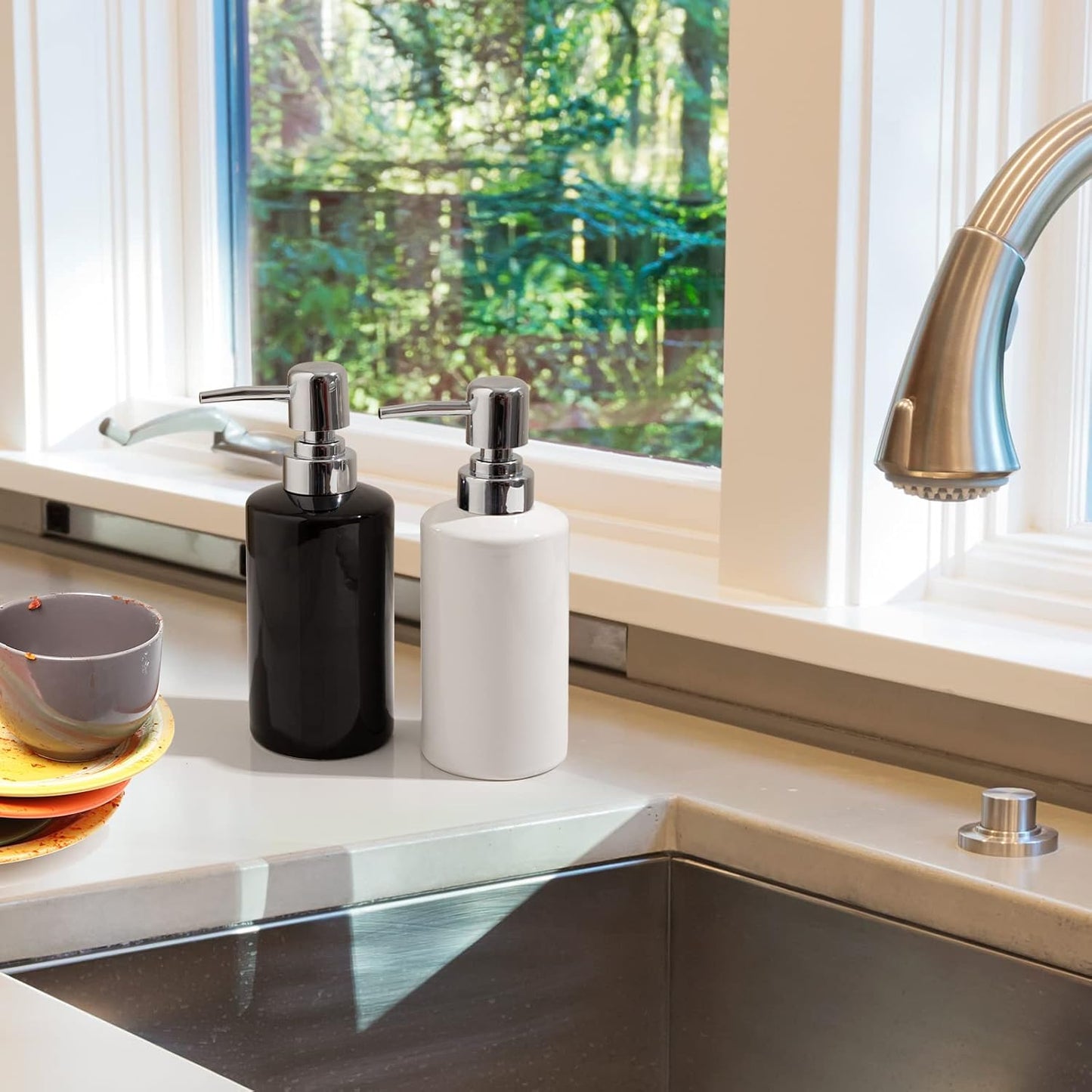 FE Soap Dispenser, 300ml/10oz Ceramic Liquid Soap Pump Dispenser, Refillable Dish Soap Dispenser for Kitchen Bathroom Washroom (White, 2 Pack)