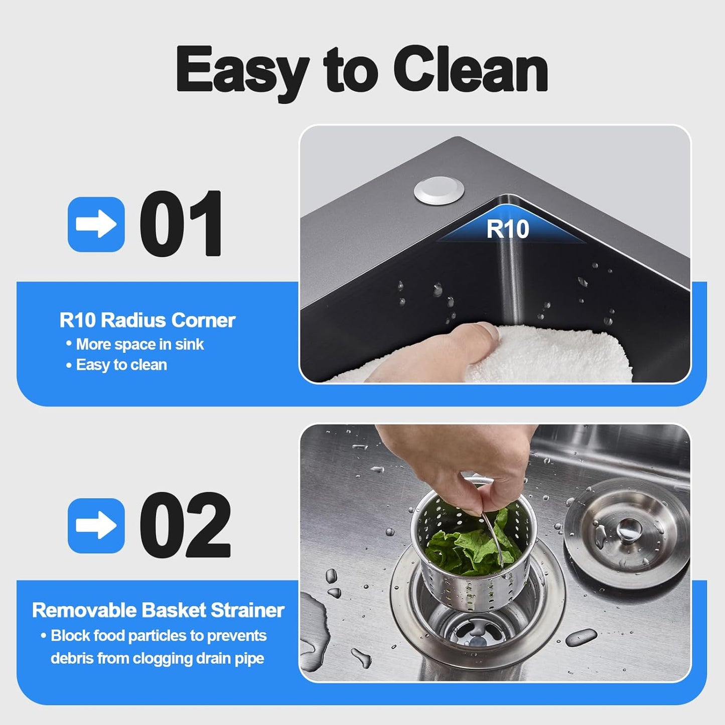 20x16 Inch Drop in Kitchen Sink, 304 Black Stainless Steel Sink, 9" Deep Single Bowl, R10 Tight Corner, 2 Pre-Drilled Holes, Topmount Installation,for Small Kitchen/RV/Bar Sink