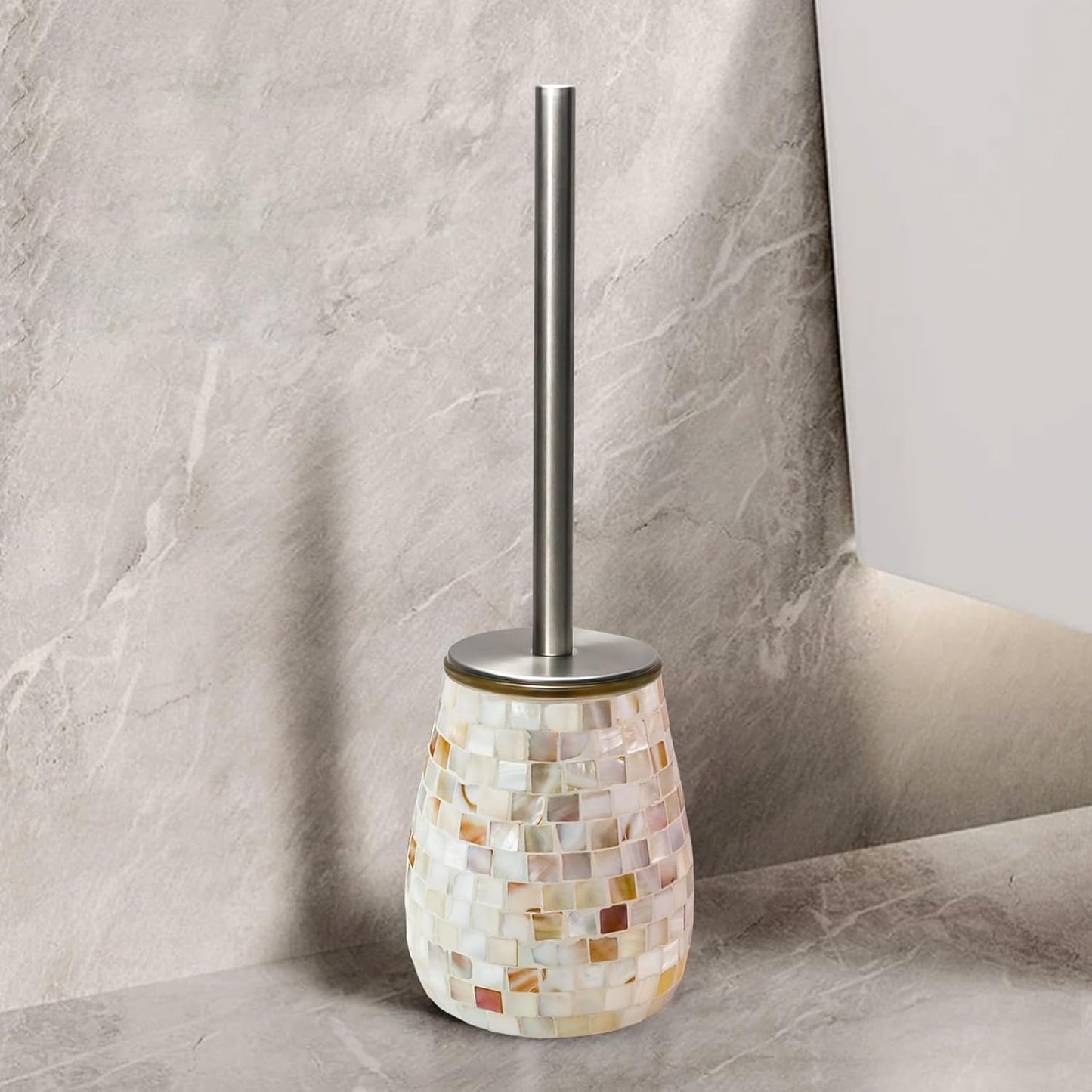 WDHODEC Natural Shell Toilet Brush and Holder Set Mosaic Glass, Stainless Steel Toilet Scrubber Brush, Decorative Toilet Bowl Brush and Holder, Luxury Bathroom Accessories