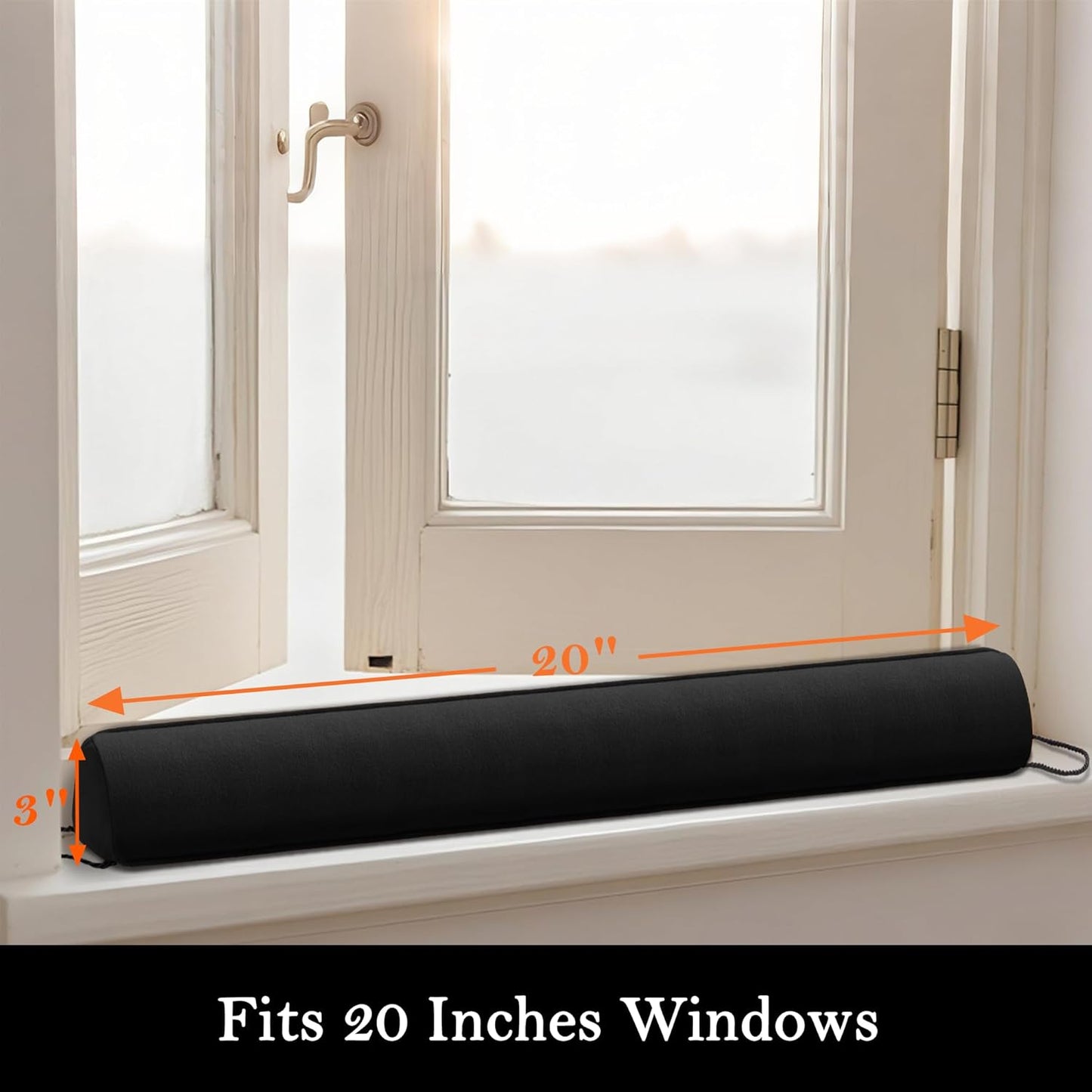 Sunolga 20" Door Draft Stopper Blocks Hot and Cold Air with Removable Washable Cover for Gaps Up to 3", All-Season Seal for Noise, Door Sweep for Bottom of Door and Window, Home Essentials, Black