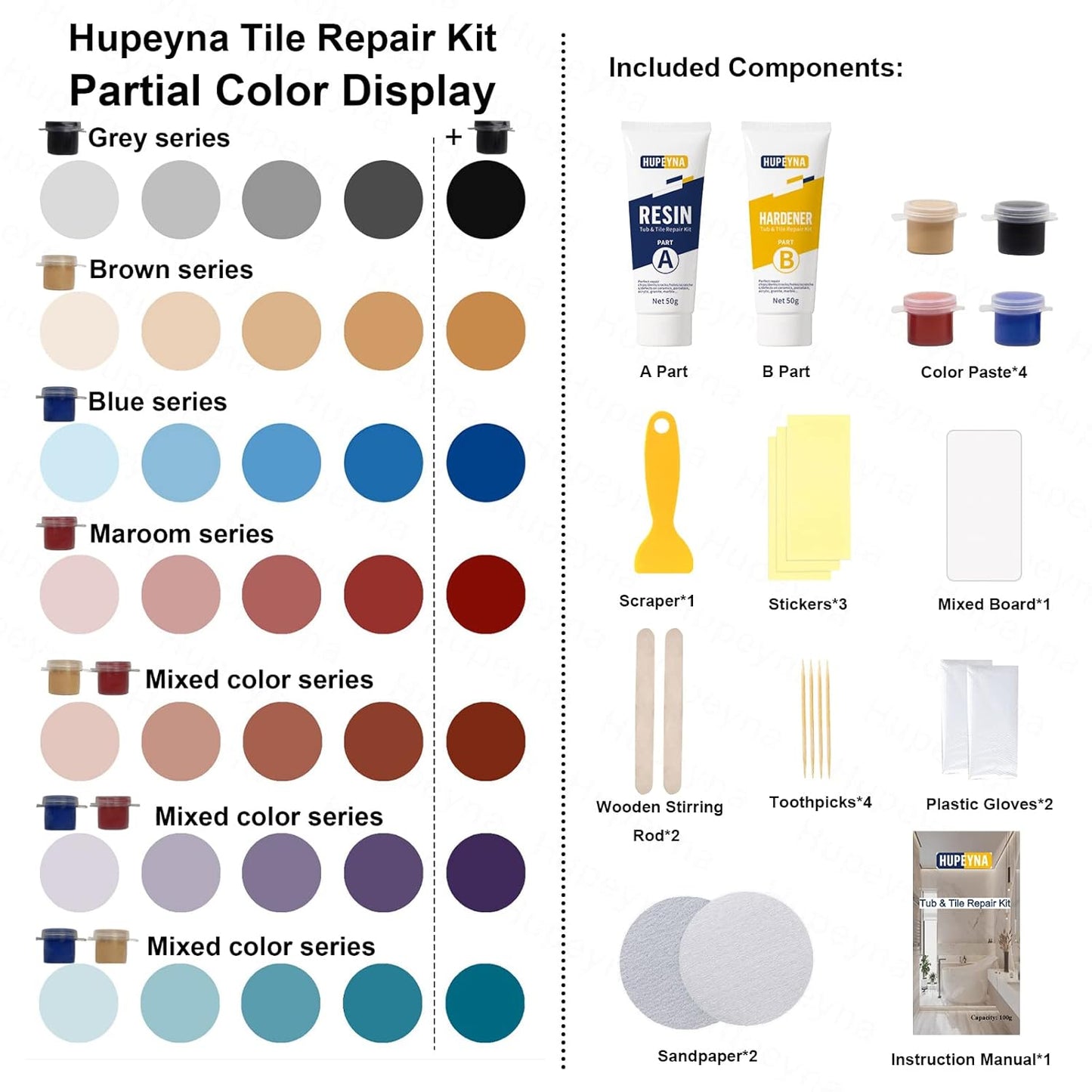 Tub, Tile and Shower Repair Kit (Color Match), Hupeyna Porcelain Repair Kit, Bathtub Repair Kit for Chips Dents Cracks Holes Scratchs, etc. Fiberglass Repair Kit (More Color)