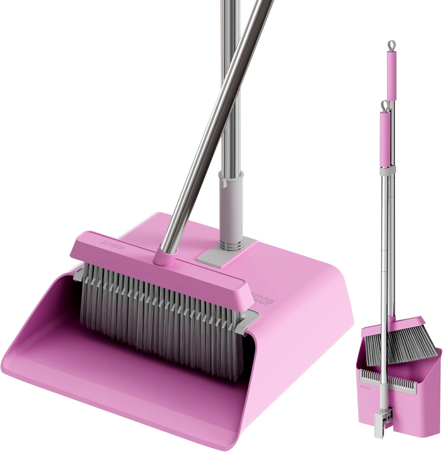 JOYMOOP Pink Broom and Dustpan Set with 56” Handle, Upright Angle with Built-in Comb Teeth for Hardwood Floors and Pet Hair