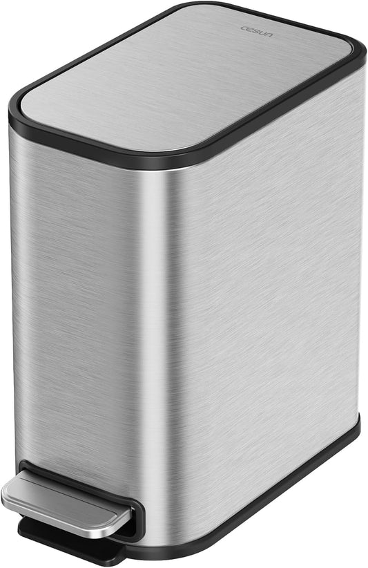 Cesun Small Bathroom Trash Can with Lid Soft Close, Step Pedal, 5 Liter / 1.3 Gallon Stainless Steel Garbage Can with Removable Inner Bucket, Waste Basket for Bathroom, Bedroom (Silver)