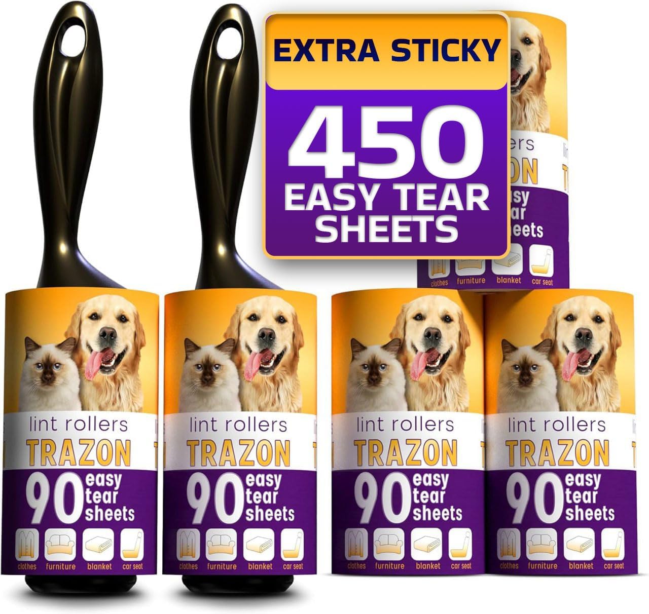 Lint Rollers Value Pack of 450 Sheets / 5 Refills, Sticky Roller, Lint Remover for Dog, Cat, Pet Hair, Lint Rollers for Clothes, Carpet, Couch, Furniture, Car Seats White