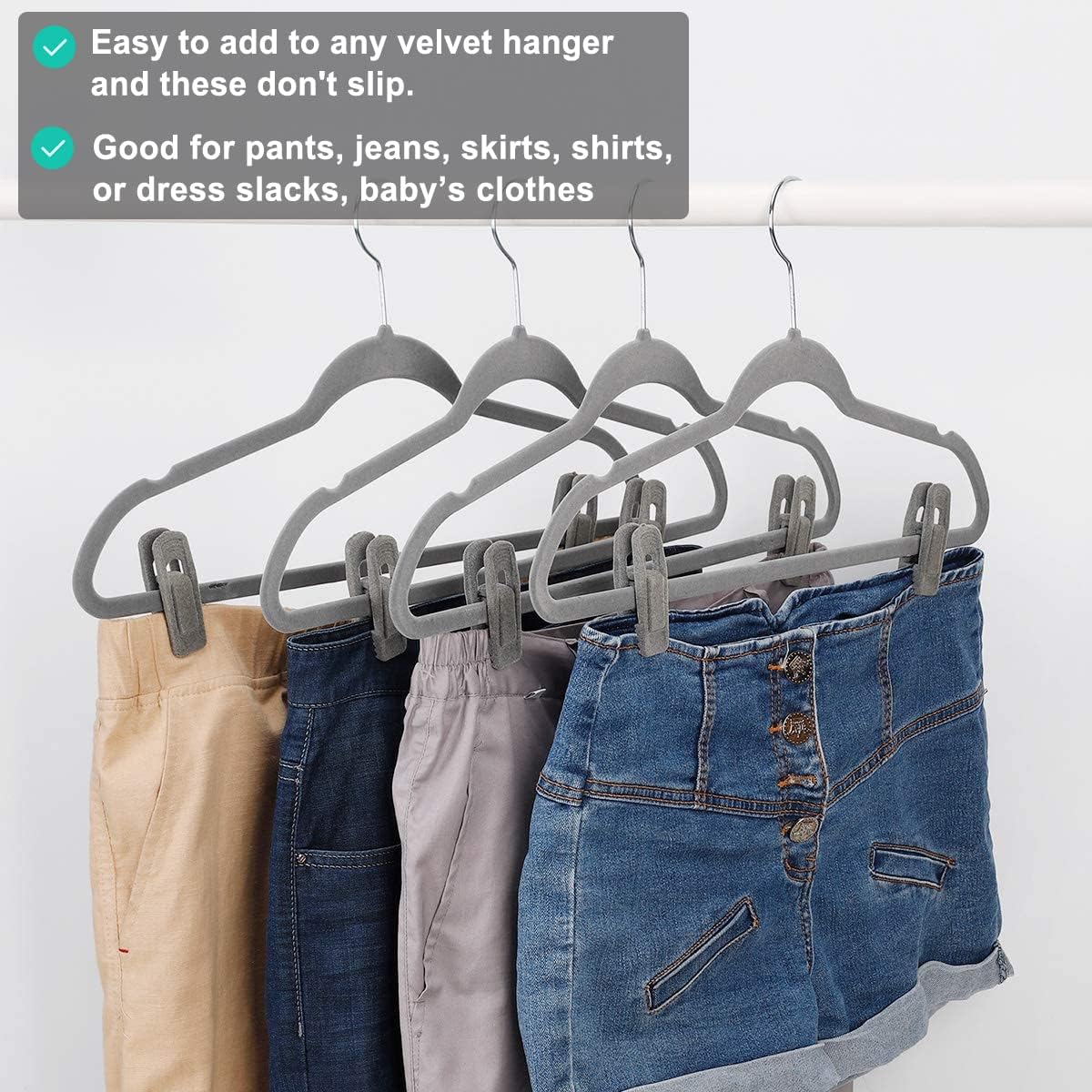 Grey Hanger Clips for Velvet Hangers - 40 PCS Gray Nonslip Velvet Hanger Clips, Skirt Hanger Flocking Clips Fit for Slim Velvet Hangers