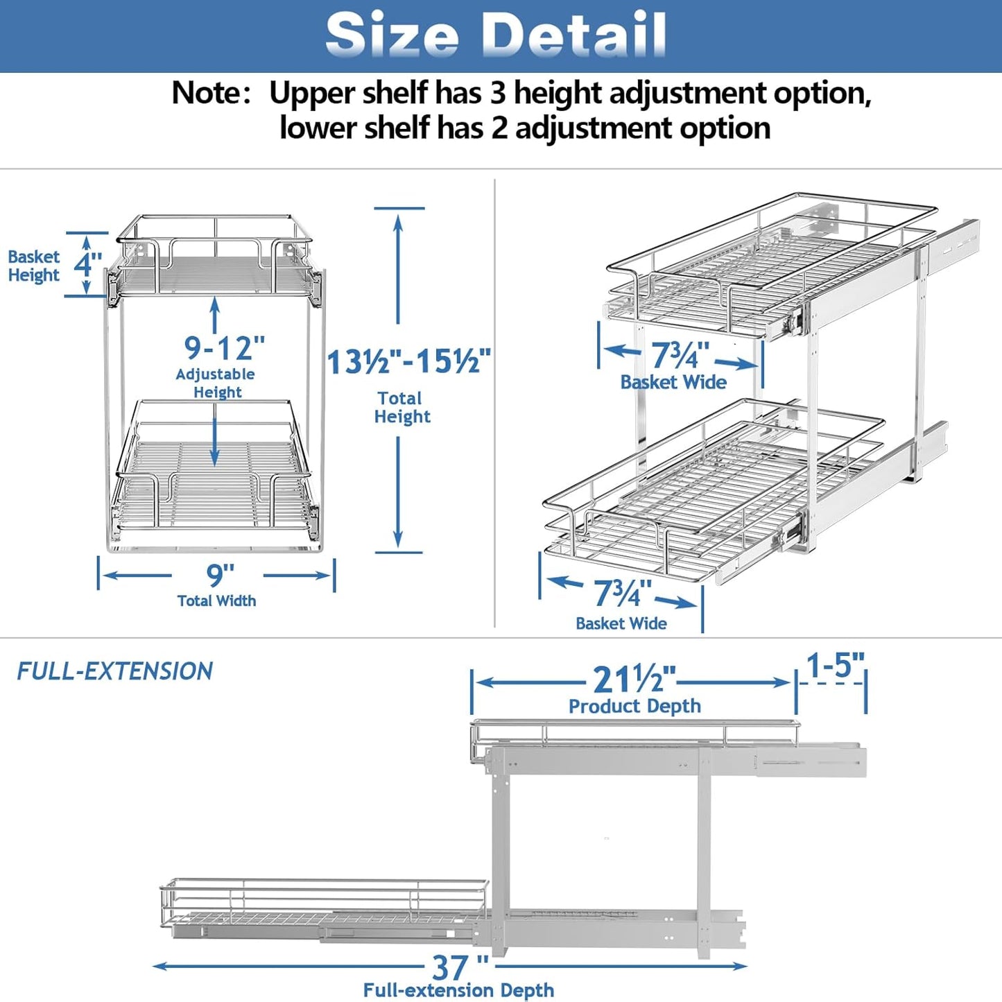 LOVMOR 2 Tier Individual Pull Out Cabinet Organizer 9" W x 21½" D, Slide Out Kitchen Cabinet Storage Sliding Shelves