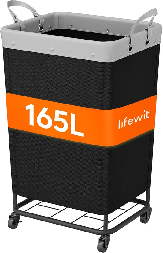 Lifewit 165L Laundry Basket with Wheels, Large Heavy Duty Commercial Rolling Laundry Hamper with Handles, Tall Steel Frame Laundry Cart for Laundry Room Bedroom Hotel Home Dorm, Black