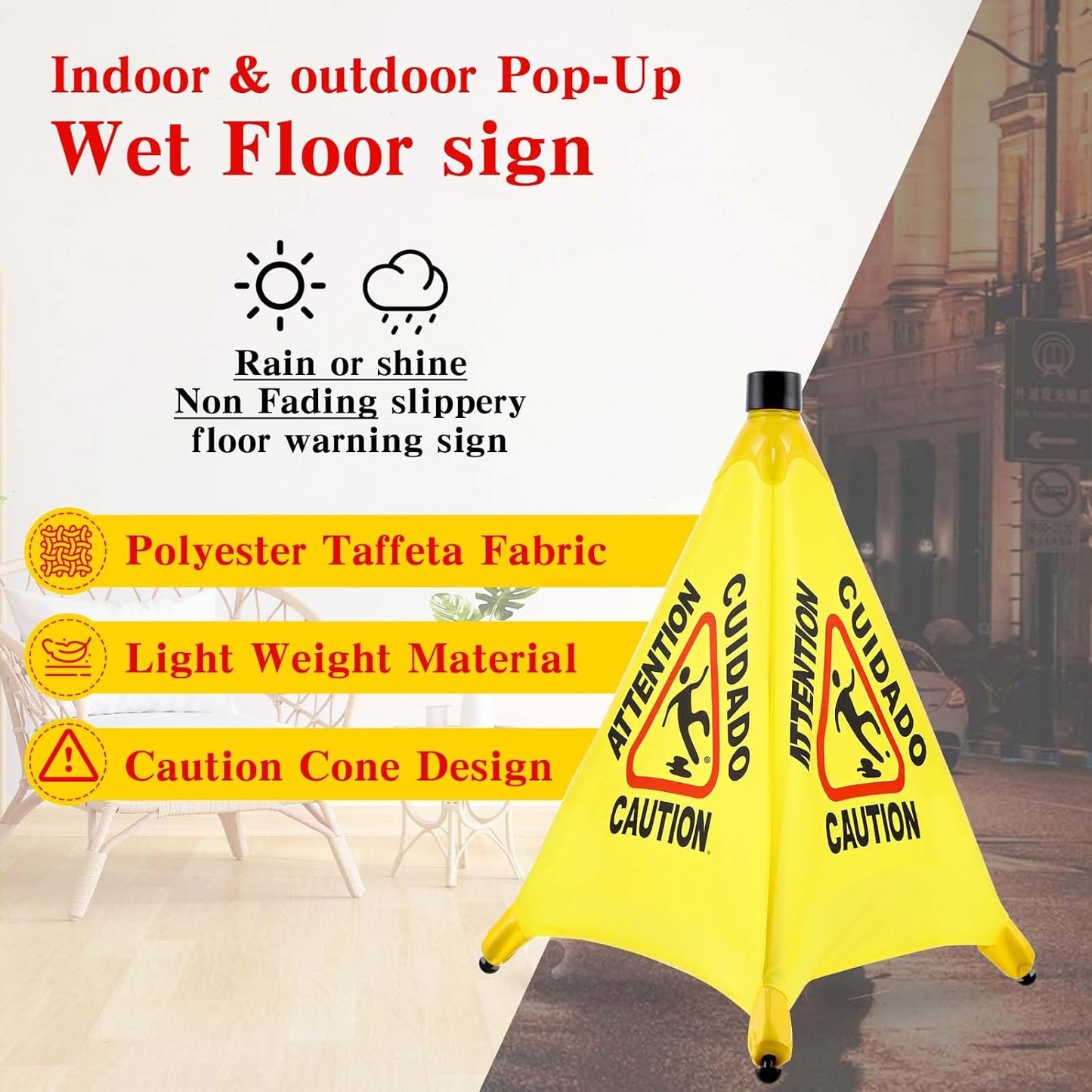 4-Packs Wet Floor Signs 20 Inch, Pop UP Bilingual Yellow Caution Wet Floor Sign with Wall Mounted Storage Tube Foldable, Slip Carefully Safety Cone Signs Pop up Caution Commercial Sign