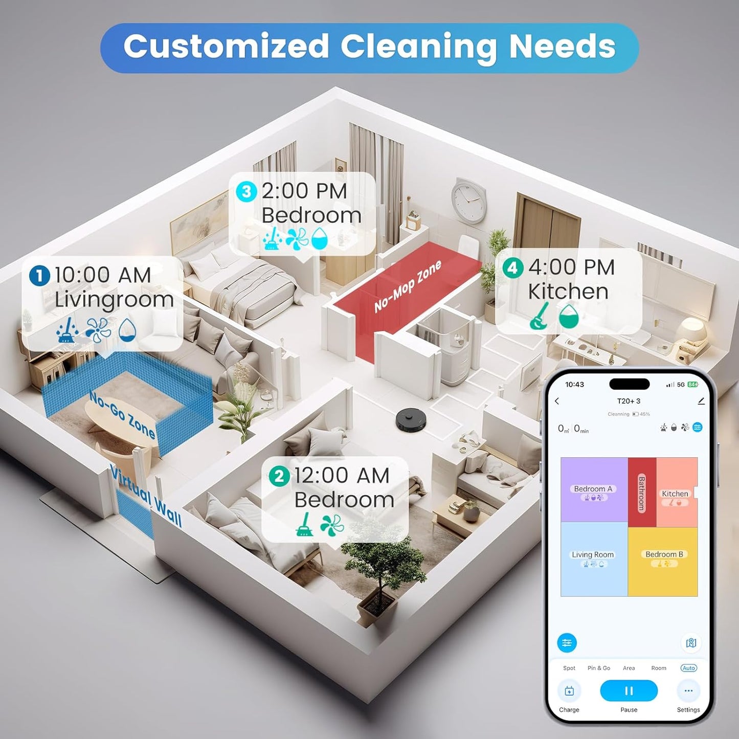 AIRROBO Robot Vacuum and Mop Combo, Self-Emptying, 60-Day Capacity, Home Mapping, Schedule, Wi-Fi/App/Alexa/Remote, 180mins Runtime, T20+ Robotic Vacuum Cleaner for Pet, Hard Floors, Carpet