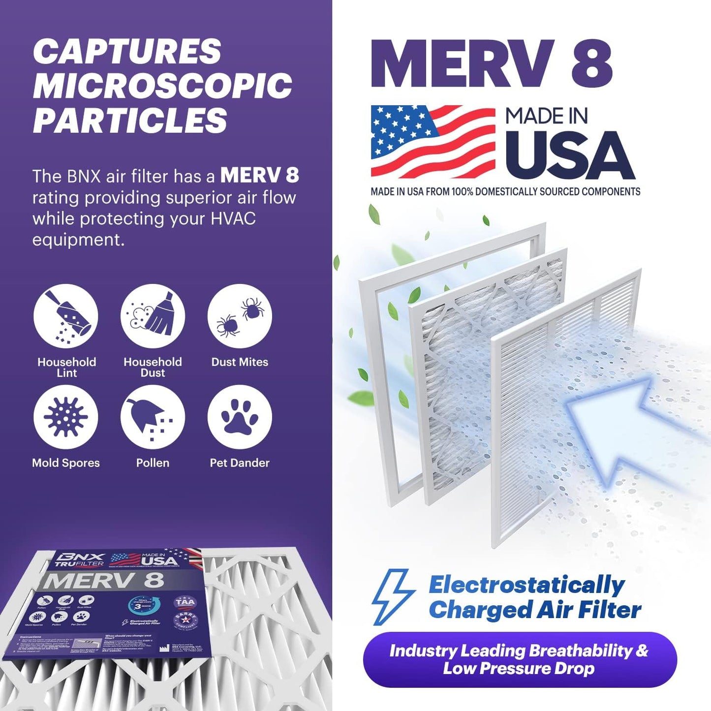 BNX TruFilter 14x25x1 Air Filter MERV 8 (6 Pack) - MADE IN USA – Dust & Pet Defense Electrostatic Pleated Air Conditioner HVAC AC Furnace Filters for Dust, Pet, Mold, Pollen MPR 600 – 700 & FPR 5