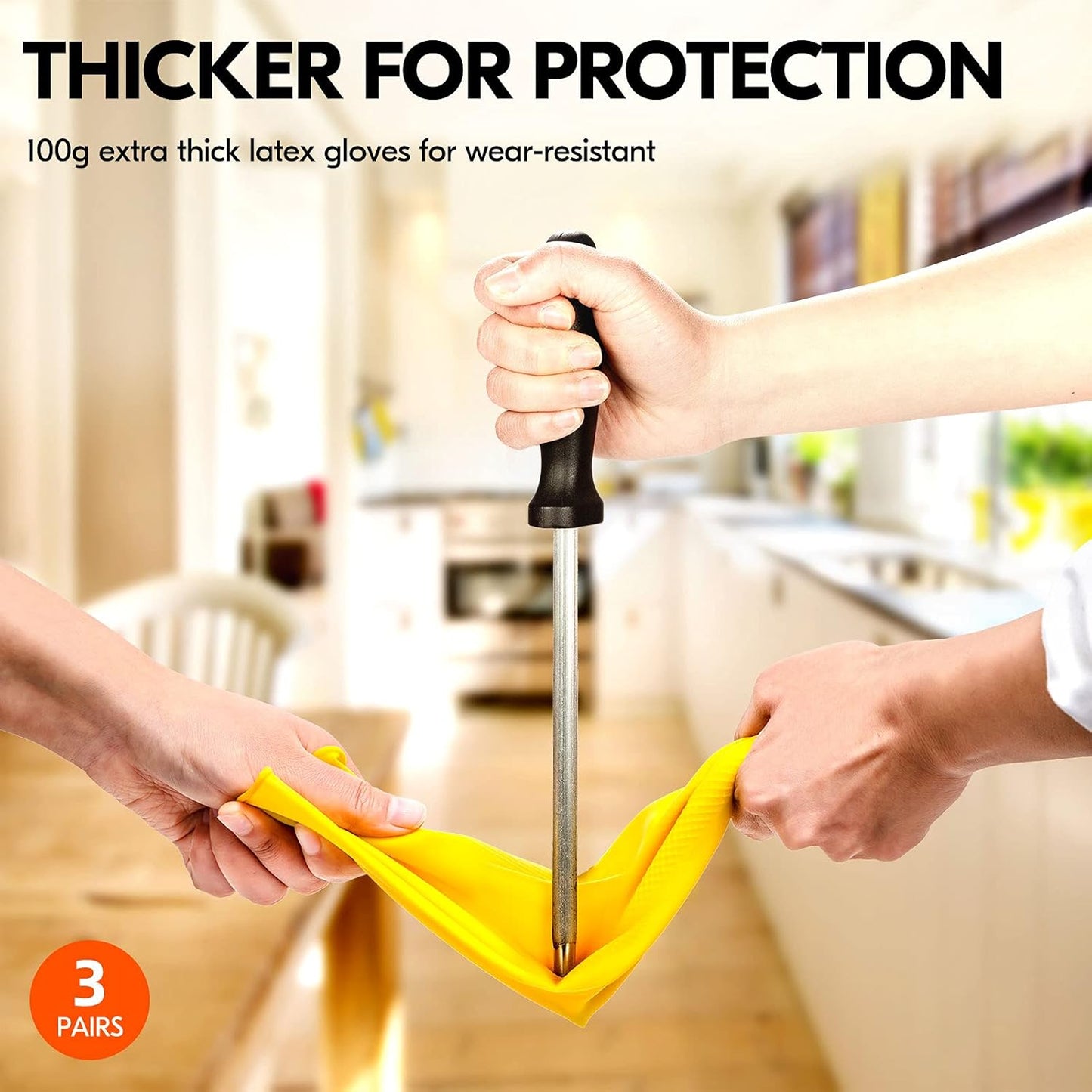 Vgo... 3-Pairs Reusable Household Gloves, Rubber Dishwashing gloves, Extra Thickness, Long Sleeves, Kitchen Cleaning, Working, Painting, Gardening, Pet Care (Size XL, Yellow, HH4601)
