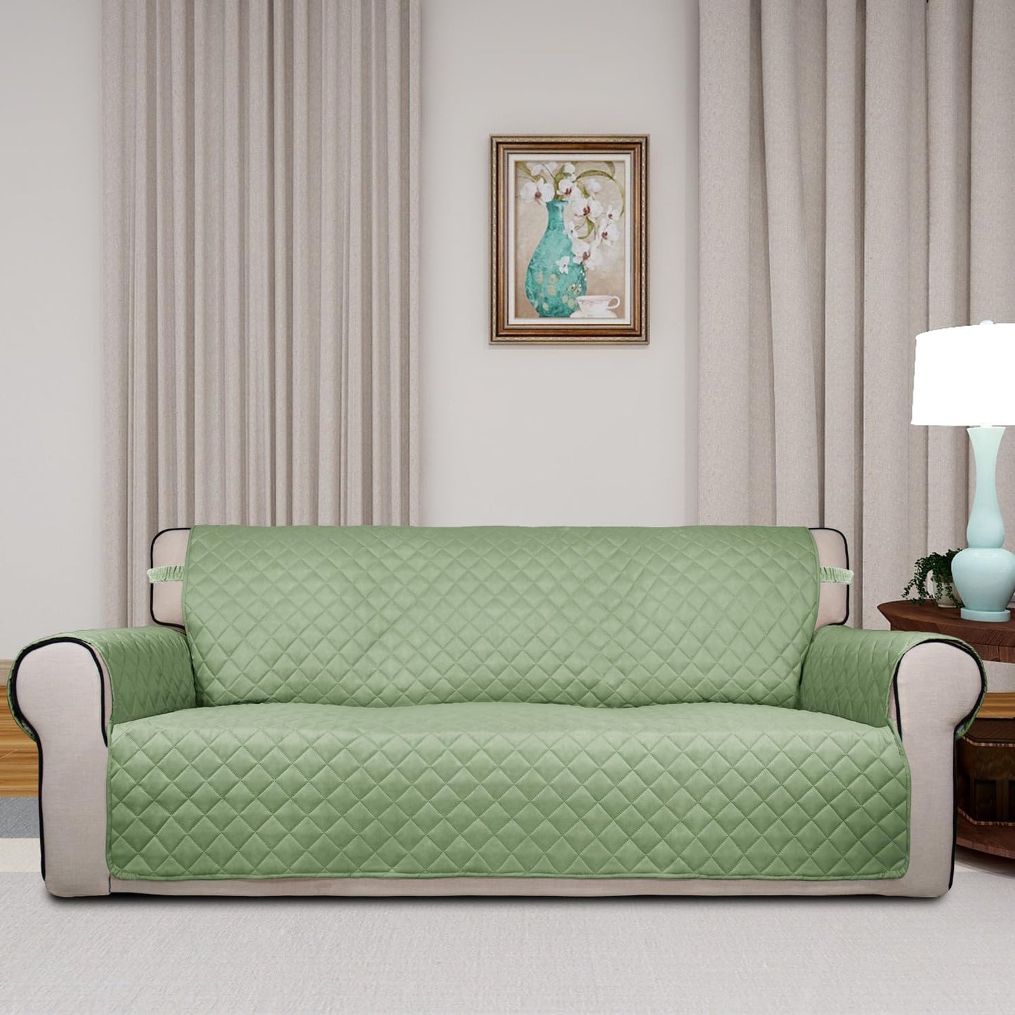 PureFit Reversible Quilted Sofa Cover, Water Resistant Slipcover Furniture Protector, Washable Couch Cover with Non Slip and Elastic Straps for Kids, Dogs, Pets (Oversized Sofa, Sage Green/Ivory)