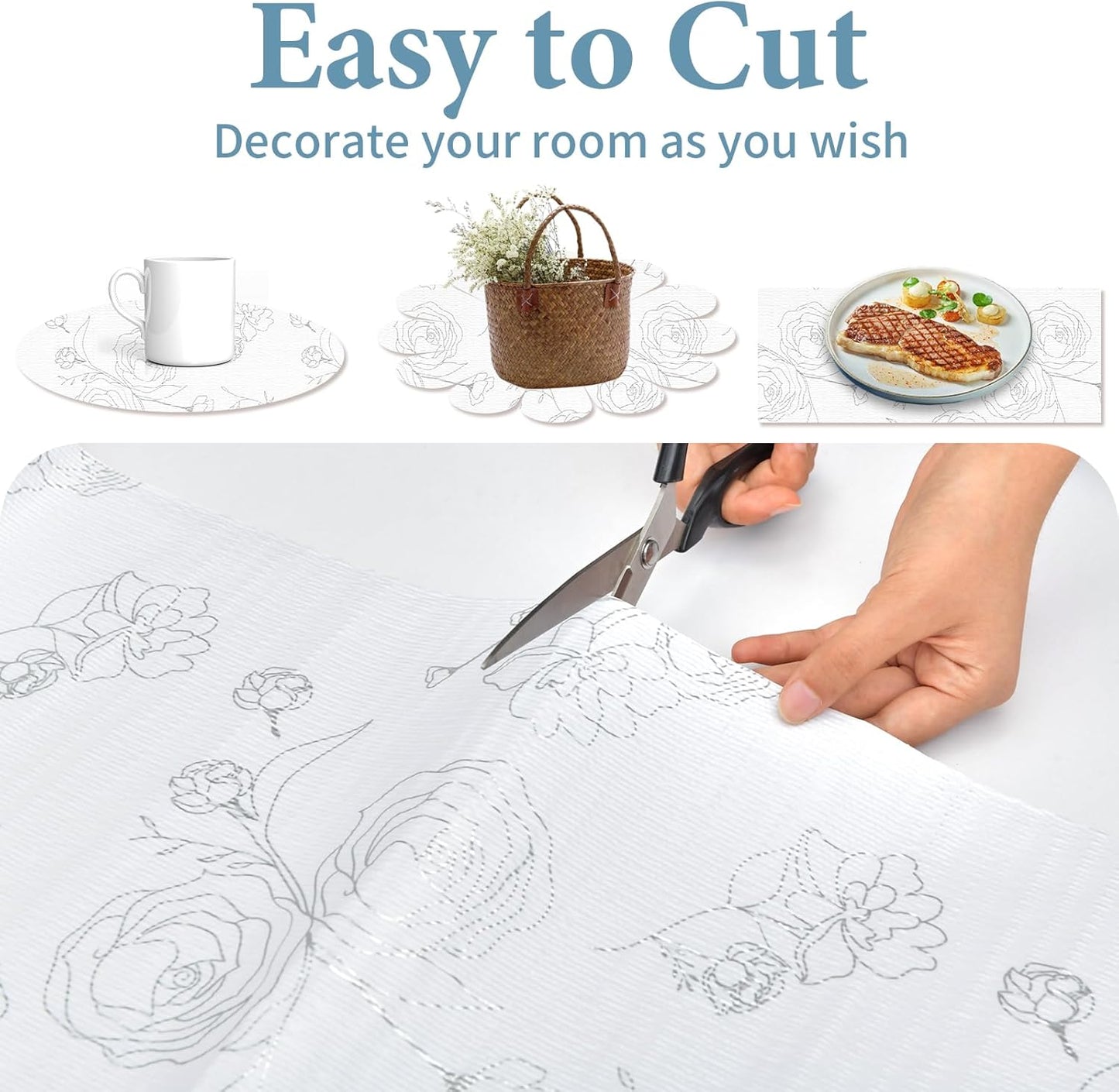 Shelf Liners for Kitchen Cabinets 17in x 20FT Non Adhesive Drawer Liner Sliver Floral Thickened Shelf Liner Paper Strong Non-Slip Easy to Clean for Tool Box Refrigerator with Knife and Tape Measure