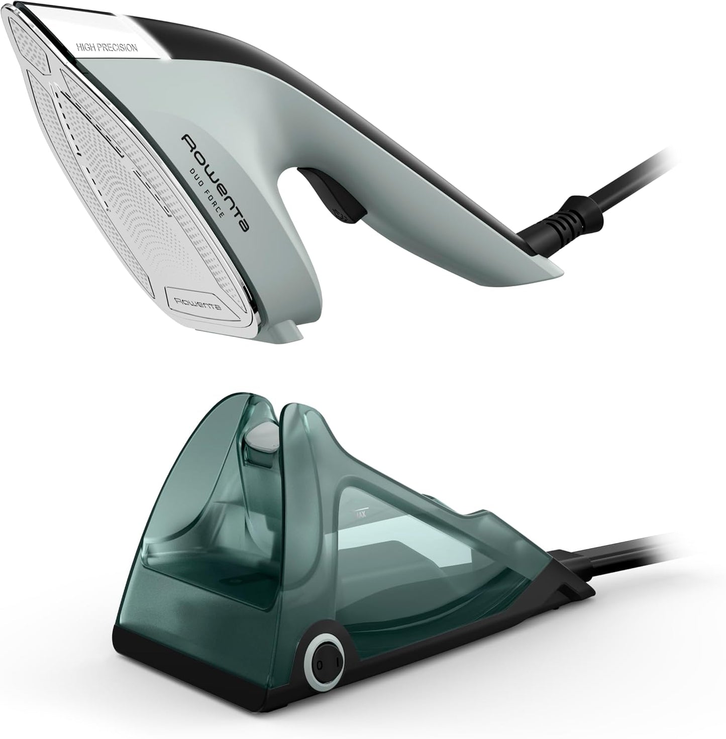 Rowenta 2-in-1 Duo Force Iron and Steamer for Clothes, 1700W Steam Iron, Stainless Steel Soleplate, Ultra-Lightweight, Detachable 13.5-oz Water Tank, Clothes Steamer, Anti-Drip, Black & Green, JR4030