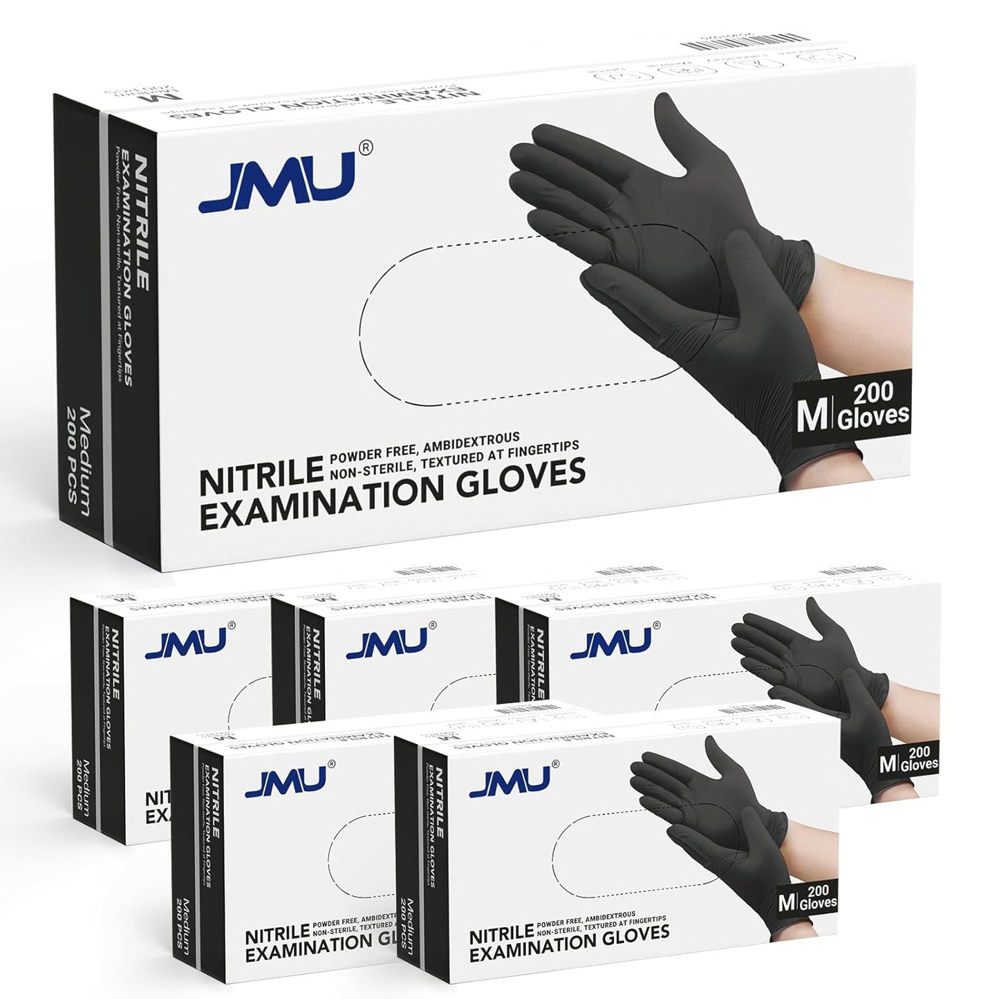 JMU Black Nitrile Gloves Medium Bulk, Case of 1200, 3.5Mil, Latex Free Powder Free
