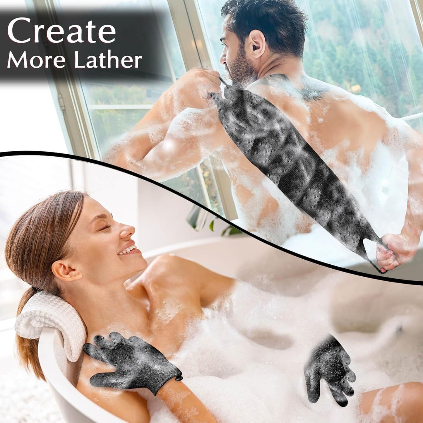 Anezus Exfoliating Back Scrubber Bath Gloves Set, Exfoliating Shower Towel with Shower Gloves for Body Scrub, Back Cleaner Wash Gloves to Remove Dead Skin (Black)