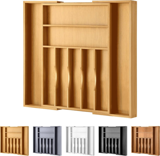 Large Premium Bamboo Silverware Organizer - Expandable Drawer Organizer & Utensil Organizer - 17"x19.7" Cutlery Tray with Dividers for Kitchen Utensils and Flatware (7-9 Slots) (Natural)