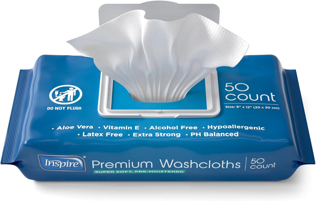Inspire Adult Wet Wipes, Wash Cloths | Adult Wipes for Incontinence & Cleansing for Elderly, 8"x12" (50 Count (Pack of 1))
