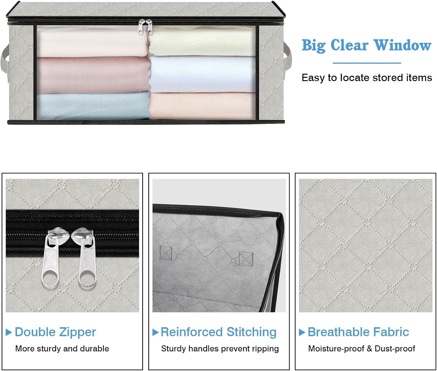 HomeHacks Storage 10-Pack Clothes Organizer Storage Bags Foldable Storage Box with Large Clear Window Sturdy Handles for Closet, Dorm, Pillows, Bedding, Clothes, Blankets, 35L, Ivory