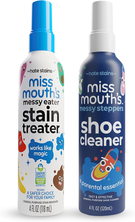 Miss Mouth's Messy Eater Stain Treater and Messy Steppers Shoe Cleaner Magic Duo - Stain Remover for Clothes, Carpet, Upholstery and Shoe Cleaner for Sneakers, Leather, Cloth, Mesh
