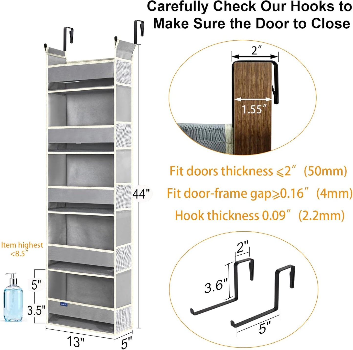 Over The Door Organizer 5-Shelves and 10 Side Pockets, Over The Door Storage for Bathroom Bedroom Nursery, Hanging Door Organizer for Baby Diapers and Kids Toys (13"x5"x44", Grey)