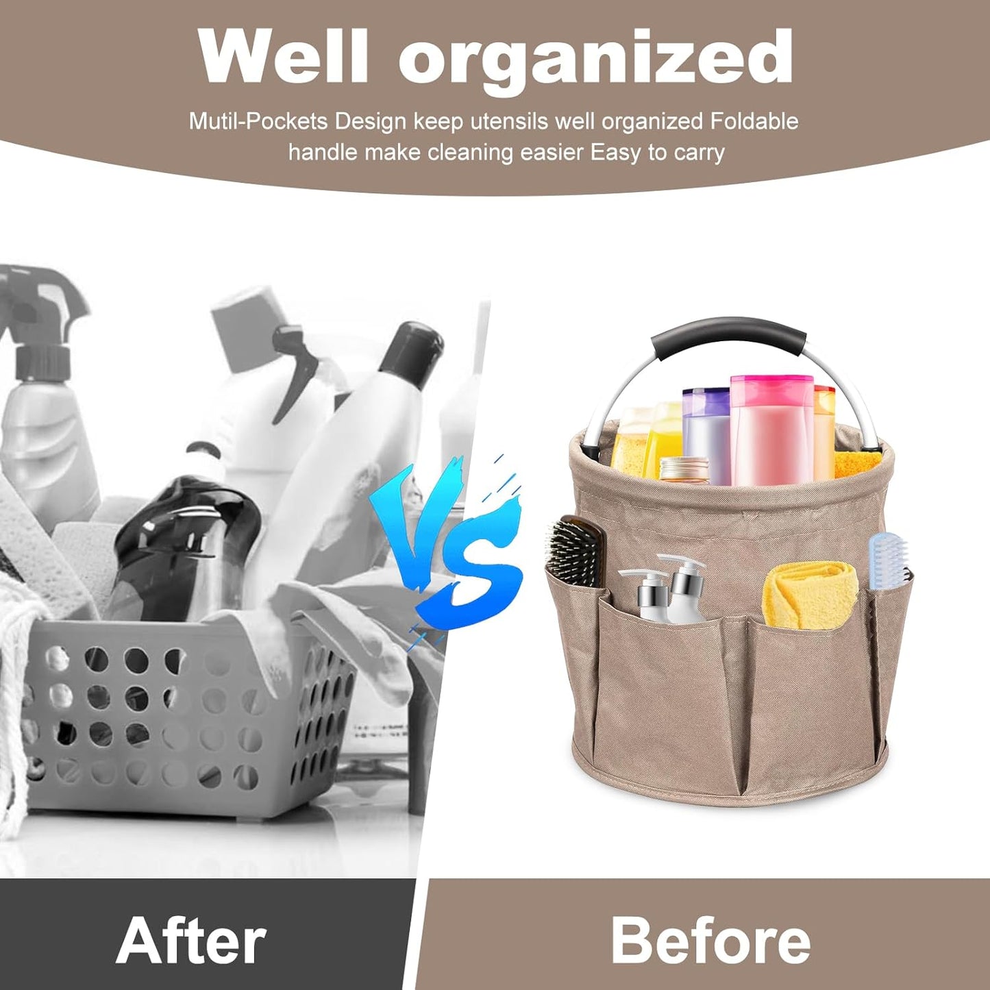Qivine 17L Cleaning Caddy with Handle, Cleaning Supply Caddy Foldable Cleaning Caddy Cleaning Products Organizers Portable Cleaning Bucket Organiser for Storing Towels (Khaki)
