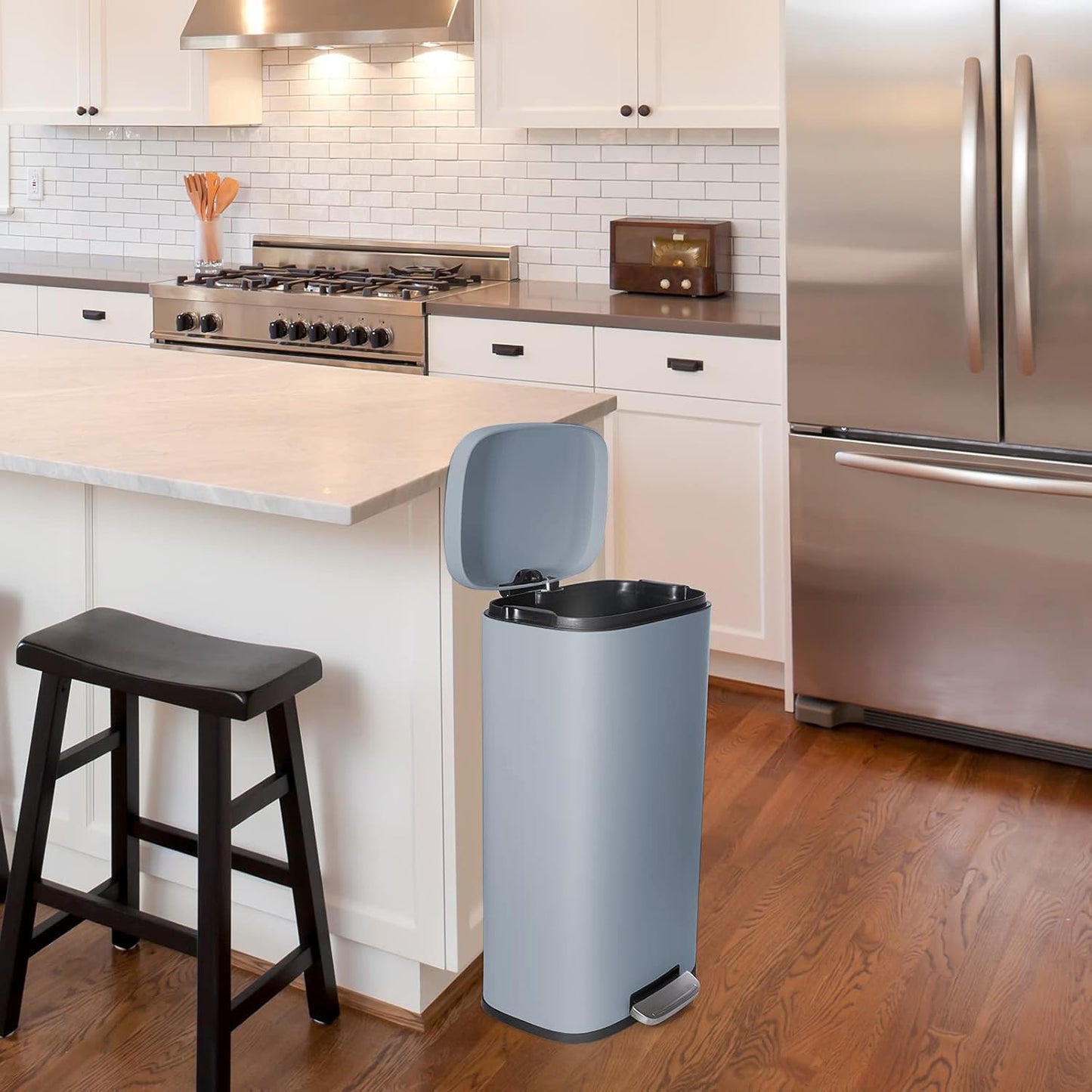 AthLike Trash Can, Stainless Steel Kitchen Garbage Can, Step Waste Bin with Hinged Lid and Removable Inner Bucket, Soft-Close, Dustbin for Bathroom Bedroom Living Room Home (Haze Blue, 8 Gal)