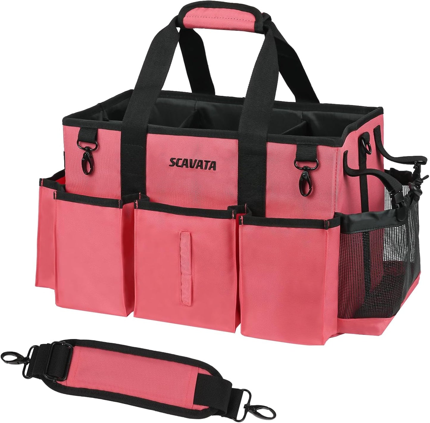 Wearable Cleaning Caddy Bag, Cleaning Caddy Supplies Organizer with Handle & Shoulder Straps for Housekeepers, Under Sink & Car Cleaning Tool Organizers with 4 Foldable Divider (RoseRed)