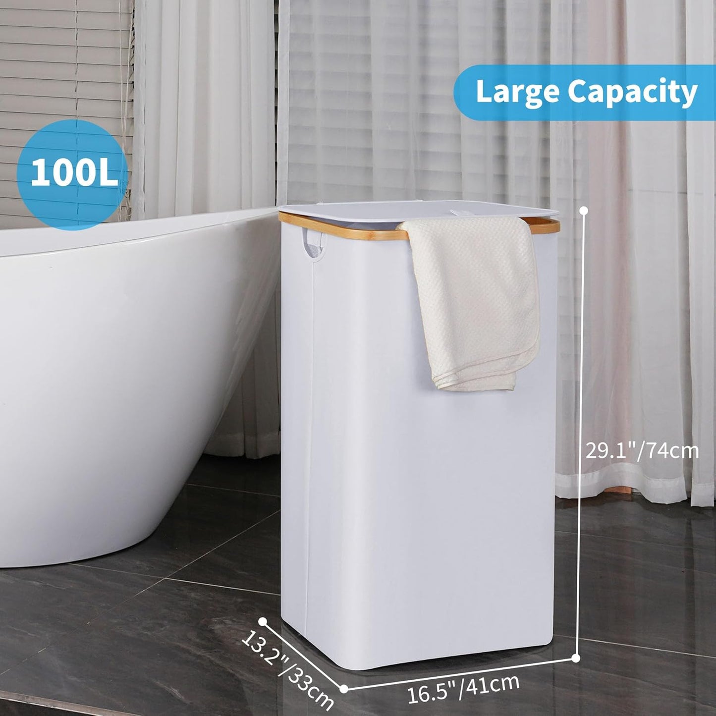 efluky Laundry Hamper with Lid, 100L Tall Laundry Basket with Bamboo Handles for Clothes and Toys, Collapsible Laundry Hamper with Inner Bag for Bedroom and Bathroom, White