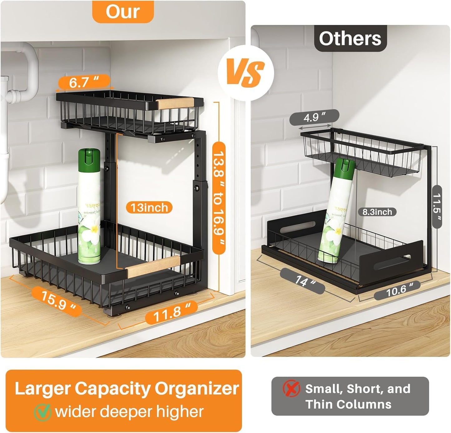 PXRACK 2 PACK Under Sink Organizer,Adjustable Height,2 Tier Pull Out Under Cabinet Organizer,Thickened Metal Shelf,Slide Out Under Sink Storage for Kitchen Bathroom Cabinet Laundry