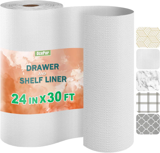 OcePor Non-Adhesive Drawer and Shelf Liner 24IN x 30FT，Non Slip Cabinet and Cupboard Liner, Kitchen Cabinet Liners for Shelves, Waterproof Drawer Shelf Liners for Cabinets/Bathroom Cupboard,White