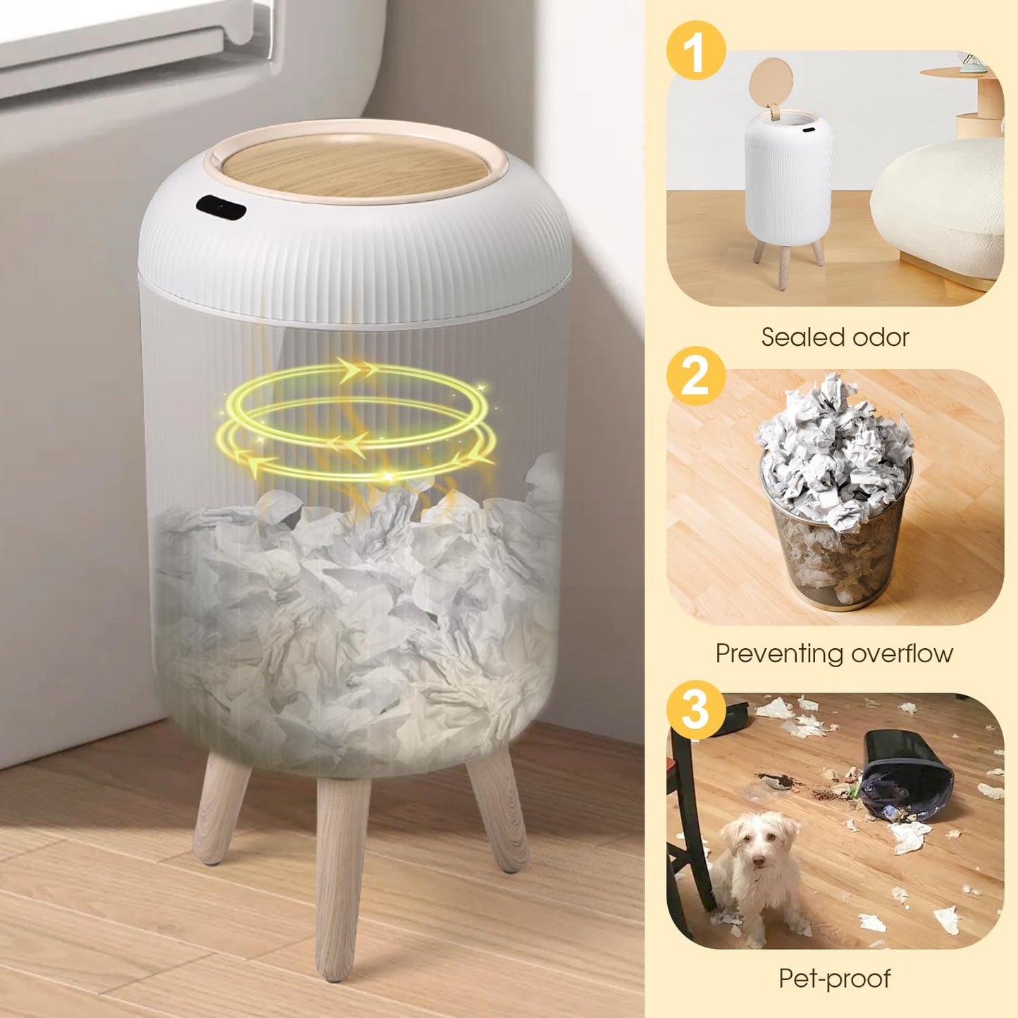 Automatic Motion Sensor Bathroom Trash Can with Lid, 3 Gallon / 11L Touchless Trash Garbage Bin with Removable Legs for Kitchen, Bedroom, Office, Small Trash Cans Trashcan Wastebasket-White