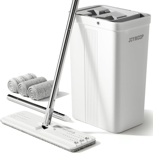 JOYMOOP Mop and Bucket with Wringer Set, White Flat Squeeze Bucket Set for Floor Cleaning, Wet Dry Wall Cleaner with Long Handle, Hardwood Floor Mop-3 Microfiber Cloths