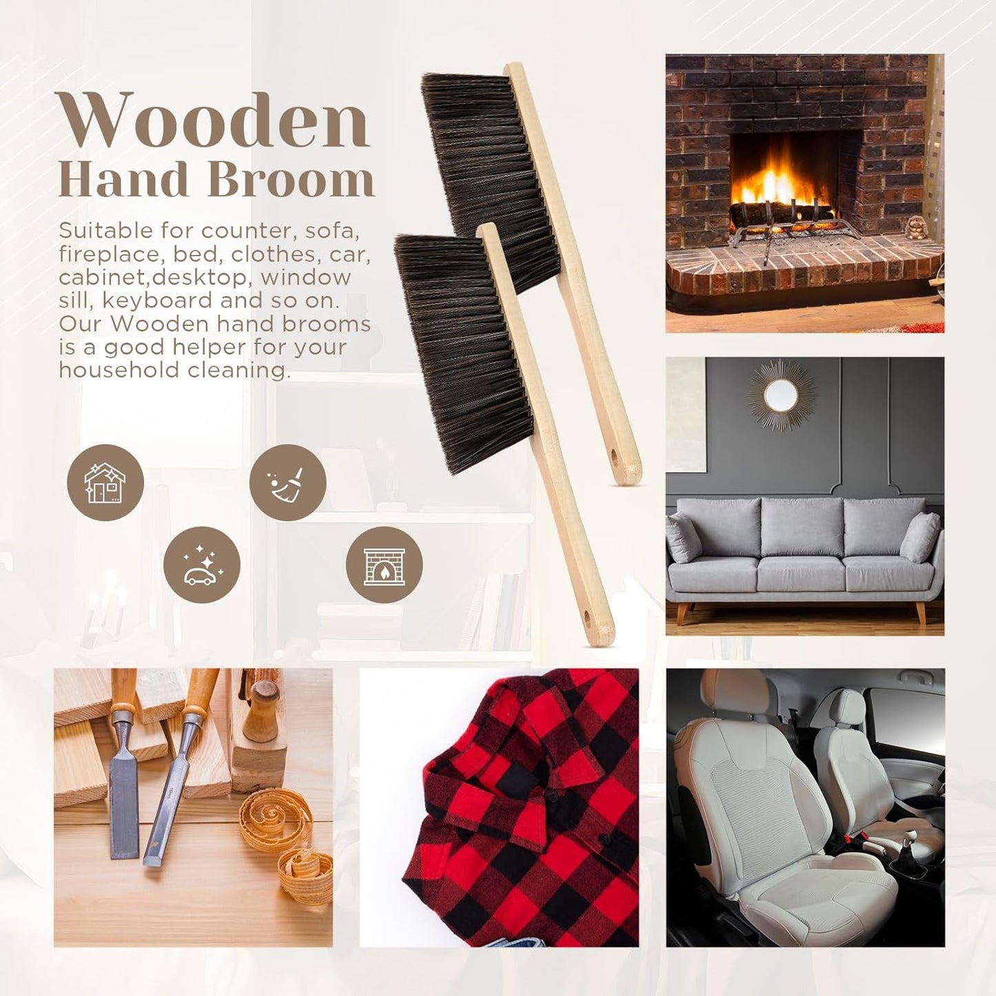 Tioncy 8 Pieces Wooden Dust Brush Bulk Hand Broom Bench Soft Bristle Cleaning Outdoor Furniture Brushes with Long Wood Handle for Cleaning Car Bed Sofa Fireplace Couch Clothes