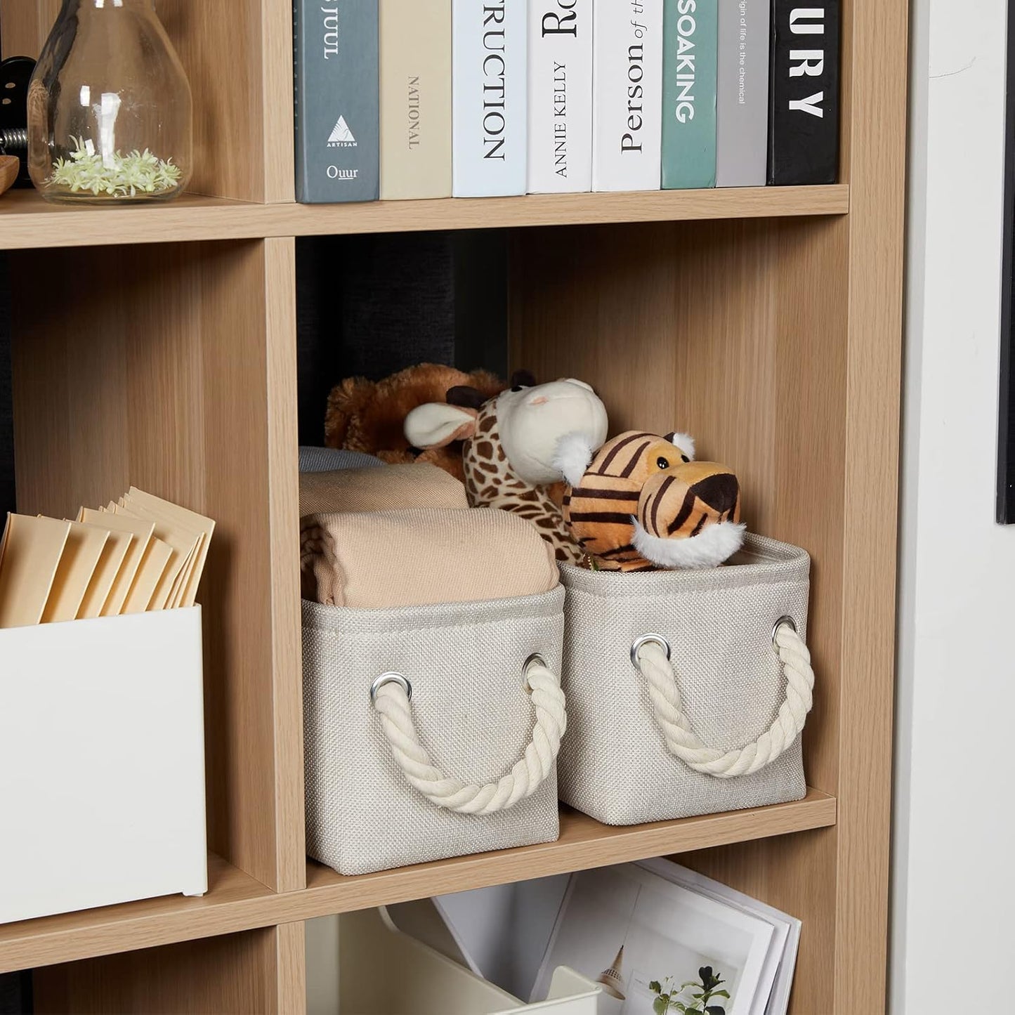 Temary Small Fabric Storage Baskets for Storage Home, Narrow Rectangle Basket with Rope Handles, Decorative Basket for Organizing Toilet Tank Top, Towels, Toilet Paper (Beige, 15Lx6Wx5.5H Inches)