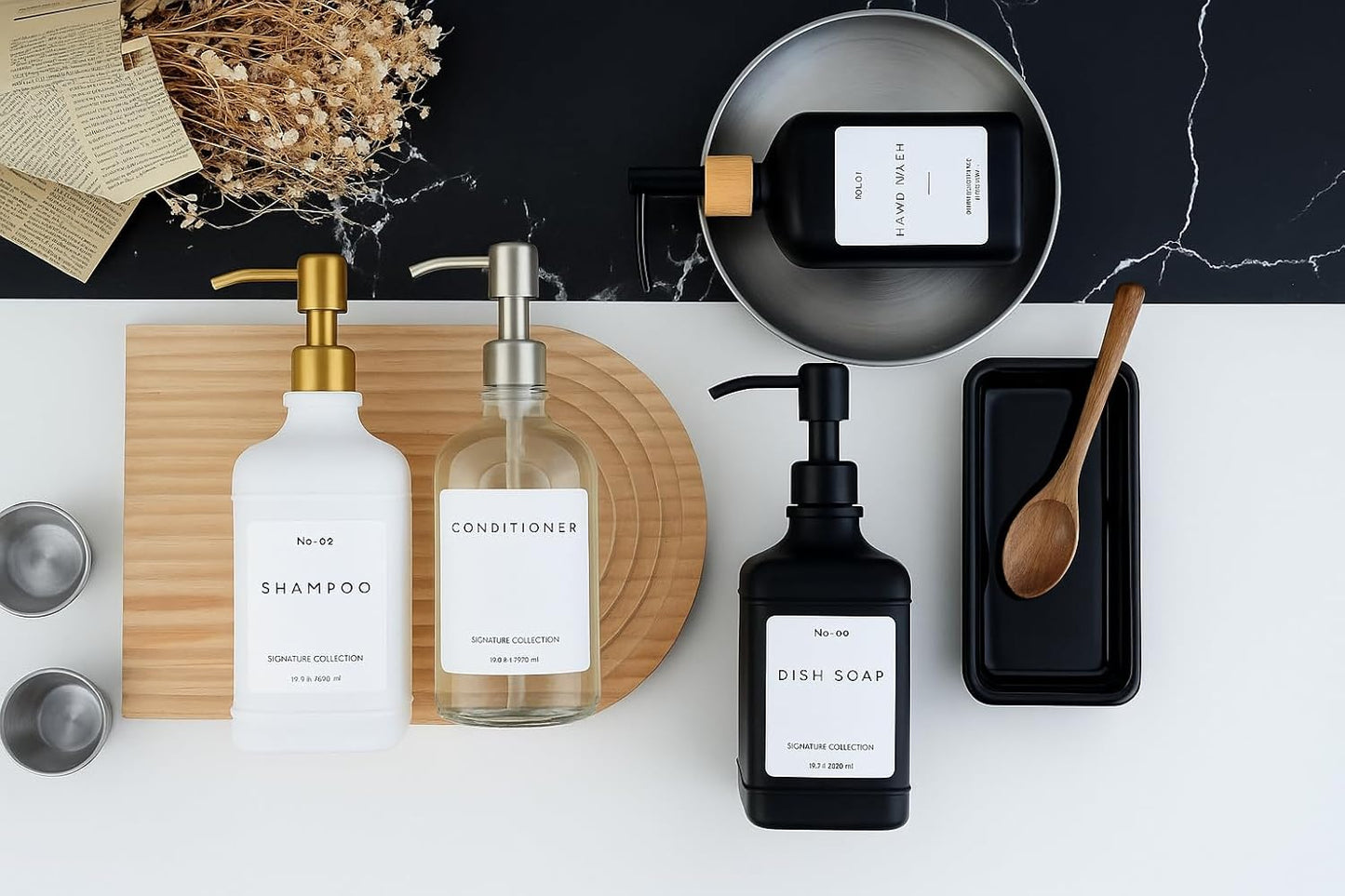 Emerson Essentials Soap Dispenser, Dish Soap Dispenser, Soap Dispenser Bathroom Set, Hand Soap Dispenser, Kitchen Soap Dispenser Set, Glass Soap Dispenser with Pump + Labels | 16 Oz, 2-Pack