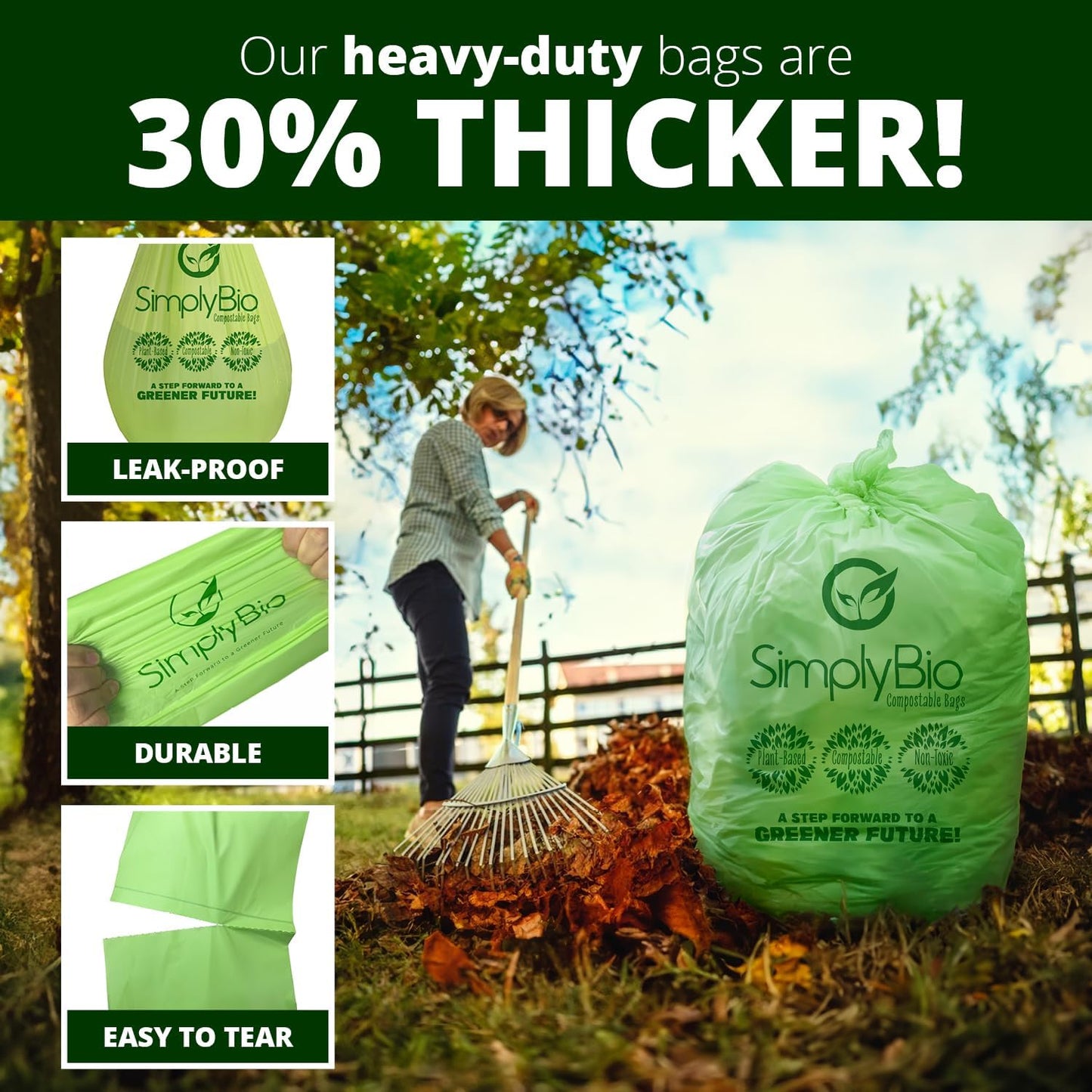 Simply Bio 30-33 Gallon Compostable Trash Bags Liners Flat-Top, Heavy Duty Extra Thick 1.57 Mil, 124.92 Liter, 30 Bags, Lawn, Yard, and Restaurant Use, ASTM D6400, US BPI, OK Compost Home Certified