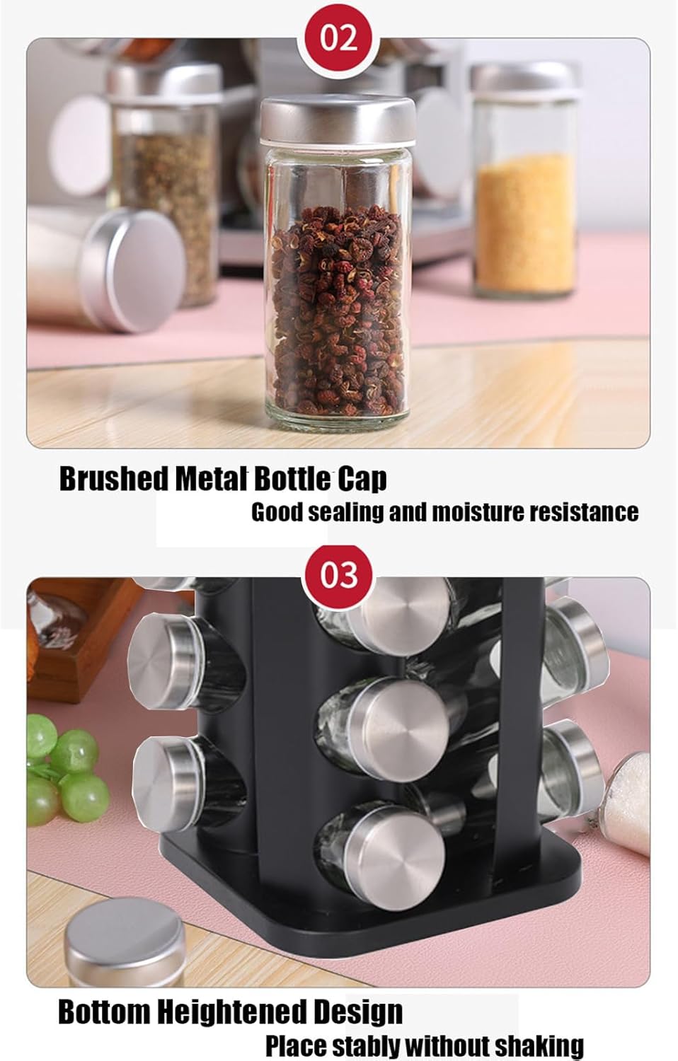Spice Rack, Spice Rack Organizers for Countertop, Rotating Countertop Spice Rack, Revolving Spice Rack for Kitchen, Kitchen Gadgets, Organizer Rack with Spice Jars (Black, SquareHead_20Jars)