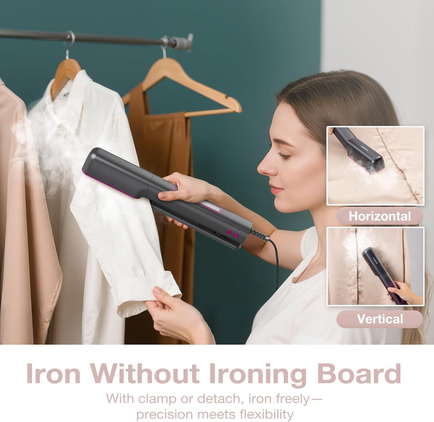 Newbealer 3in1 Clamp Travel Steam Iron with Global Voltage, 100-240V Clothes Steamer, Dry Ironing & 2 Steam Levels, Non-Stick Ceramic Soleplate, Auto-Off, Self Cleaning, w/Detachable Clamp (Ashpink)