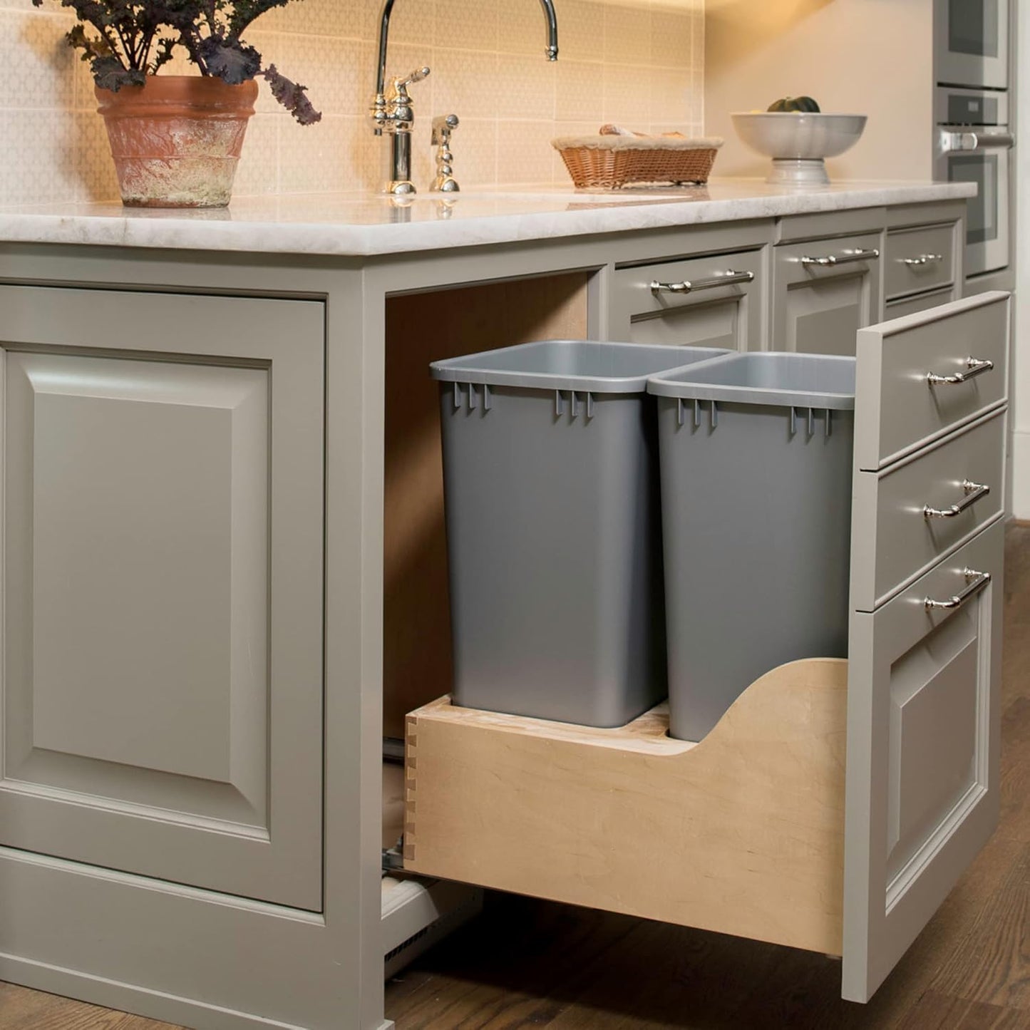 Rev-A-Shelf Pullout Trash Cans for Kitchen Cabinet, Dual 50 Qt Bins with 18" Wood Frame - Large Garbage Bin Containers for Home Waste Storage and Recycling