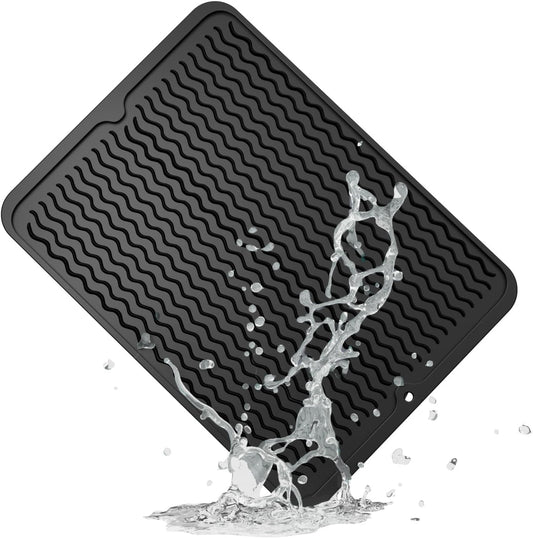 ZLR Silicone Dish Drying Mat for Kitchen Counter, Eco-Friendly Fast Dry Dish Mat, Easy Clean Multi Usage Drying Matt, Heat Resistant Trivet, 12" x 16" Large, Black